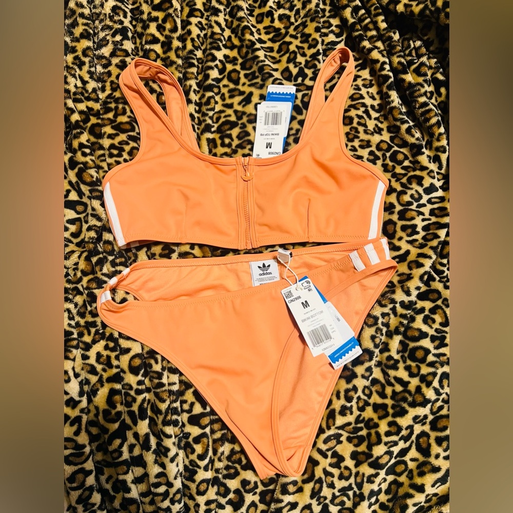 NWT Adidas Orange w/ White Stripes Two Piece Bikini Set